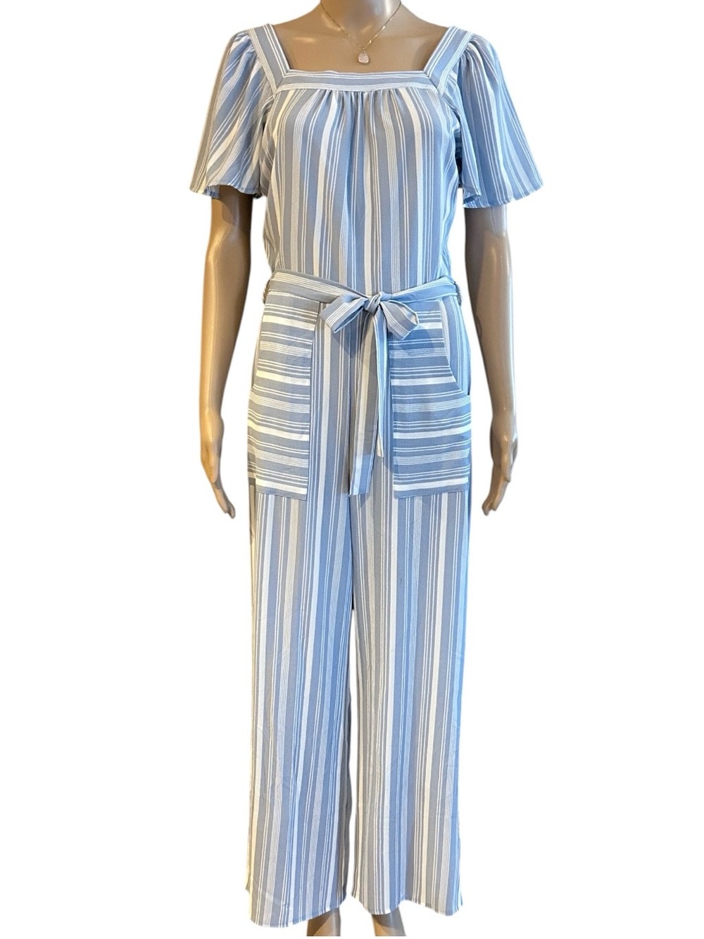 Monteau Pale Blue and White Striped Square-Neck Jumpsuit Sz.M